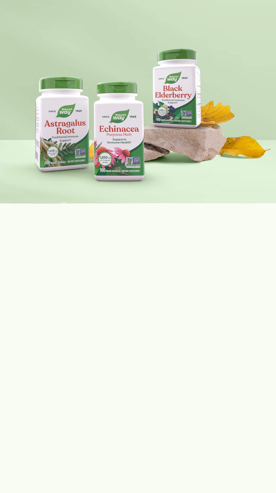 Three herbal supplement bottles on a light green background