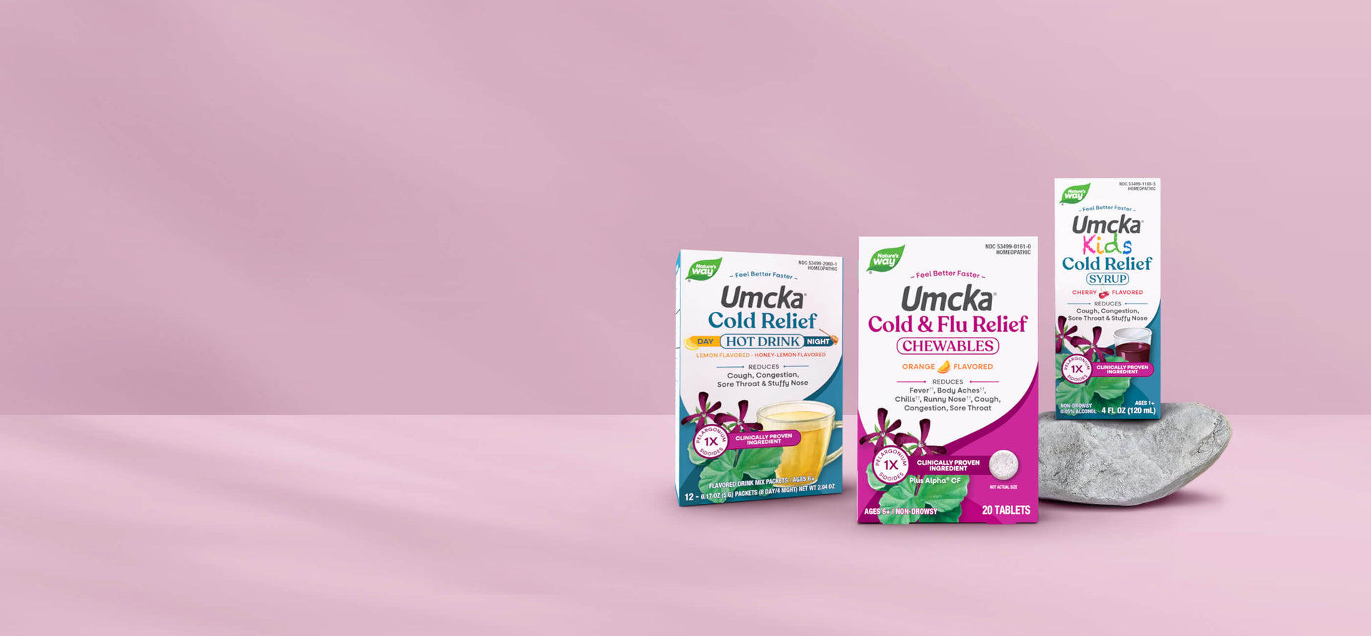 Three boxes of Umcka Cold & Flu Relief on a pink background