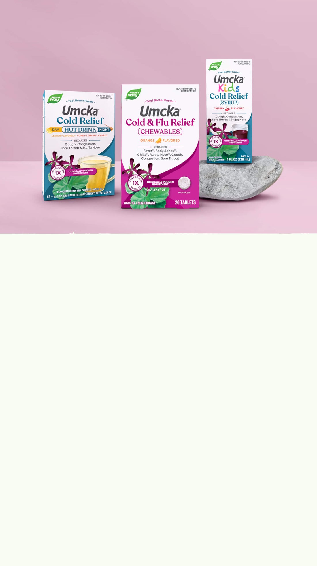 Three packages of Umka products on a pink background